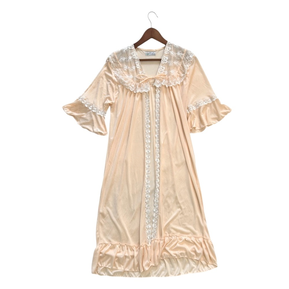 Vintage Style Peach Peingnoir Lace Nylon Robe